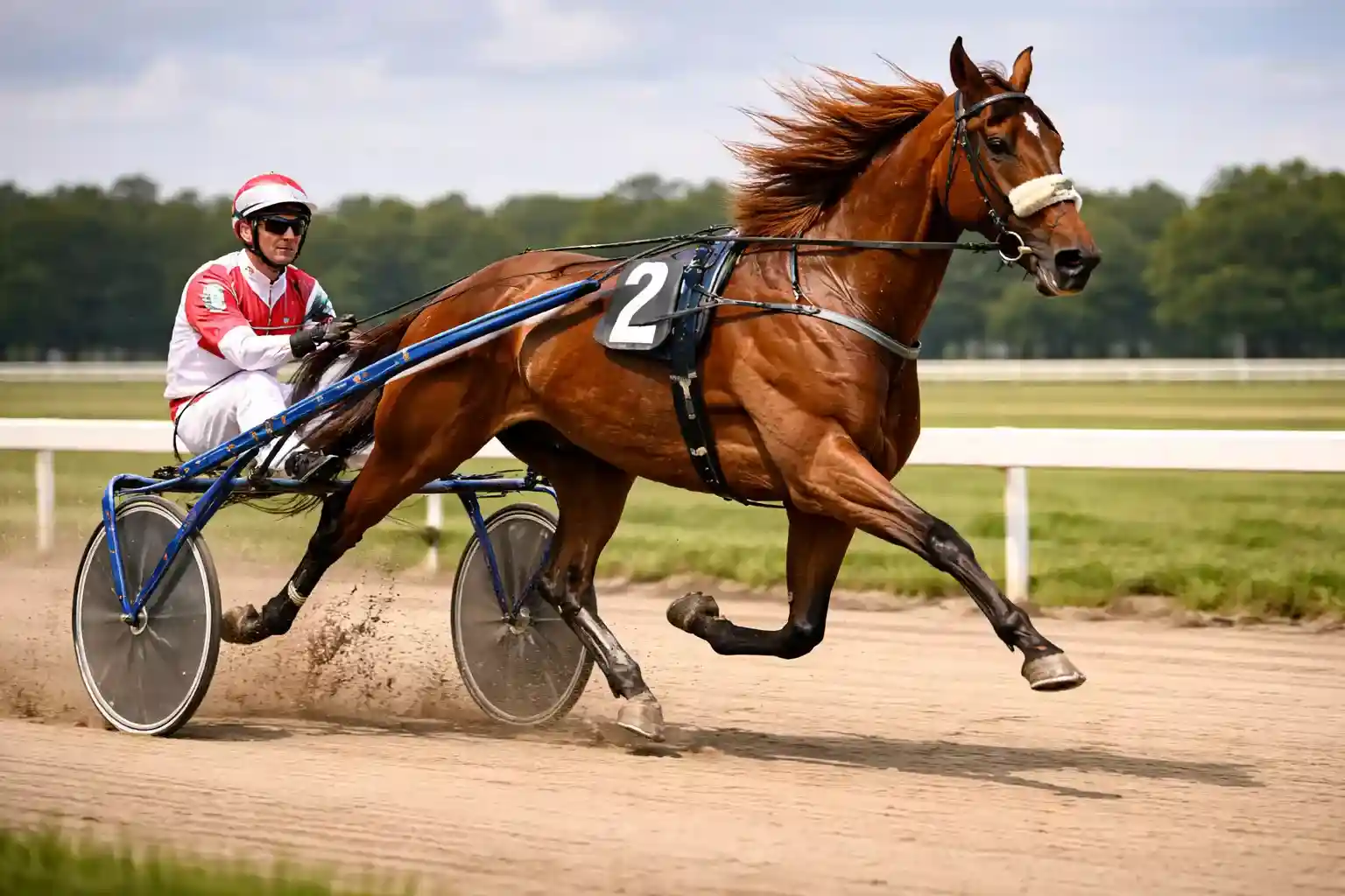 Draverij met sulky en pikeur op ovale baan in Nederland