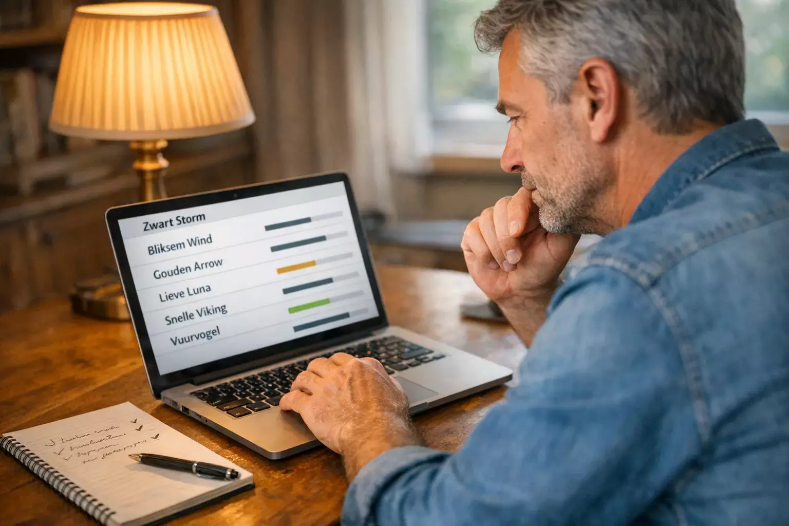 Persoon analyseert paardenraces op laptop met wedformulier